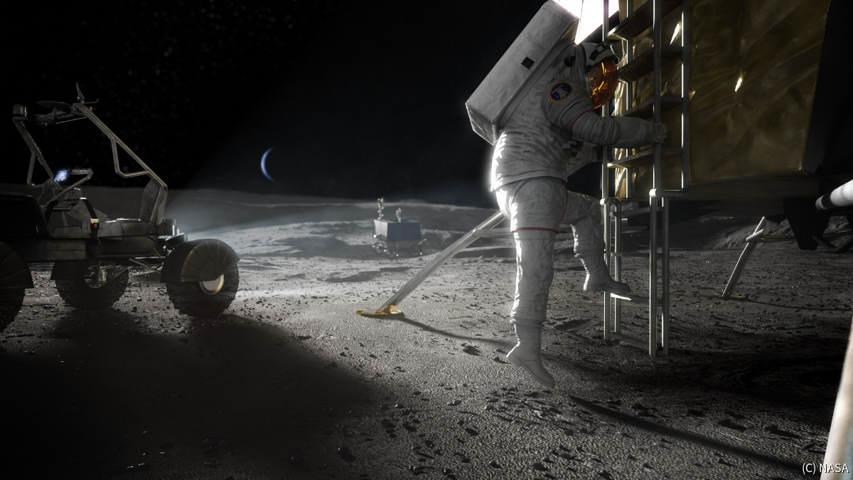 アルテミス計画で月に降り立つ宇宙飛行士の想像図 (C) NASA