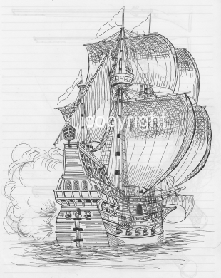 ペン画　ガレオン船